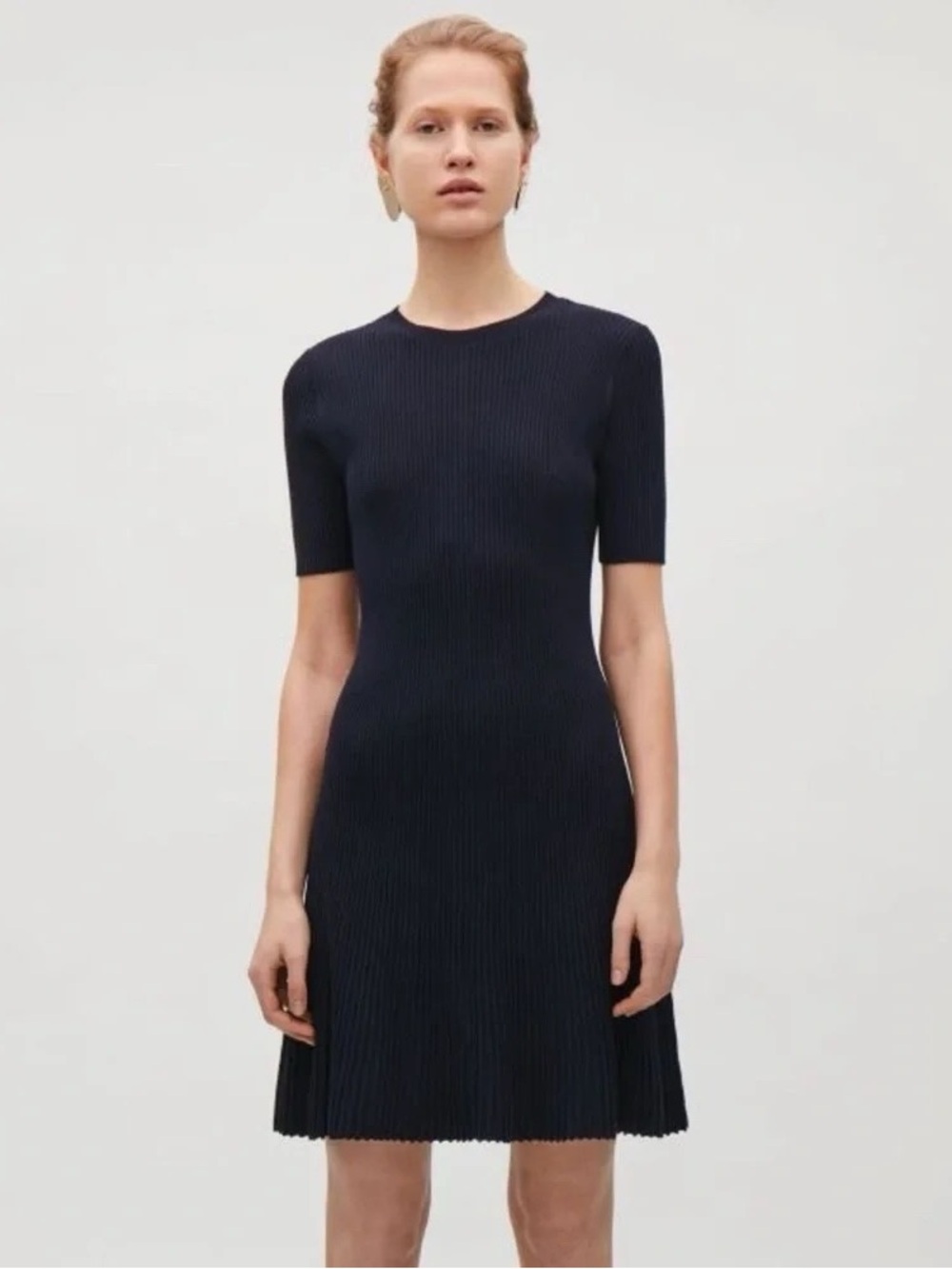Brand New w Tags! COS Navy Short Sleeve Ribbed Knit Dress Size EU S
